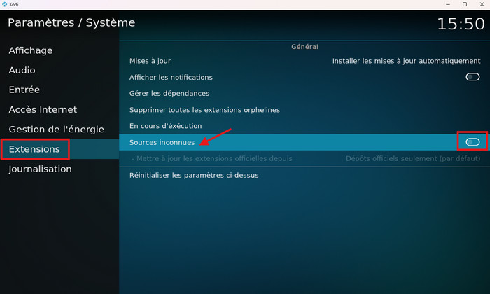 Activez l'option Sources inconnues