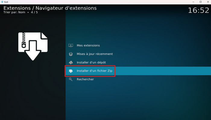 Choisissez Installer d'un fichier Zip