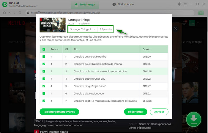 Sélectionnez les saisons, les épisodes à télécharger